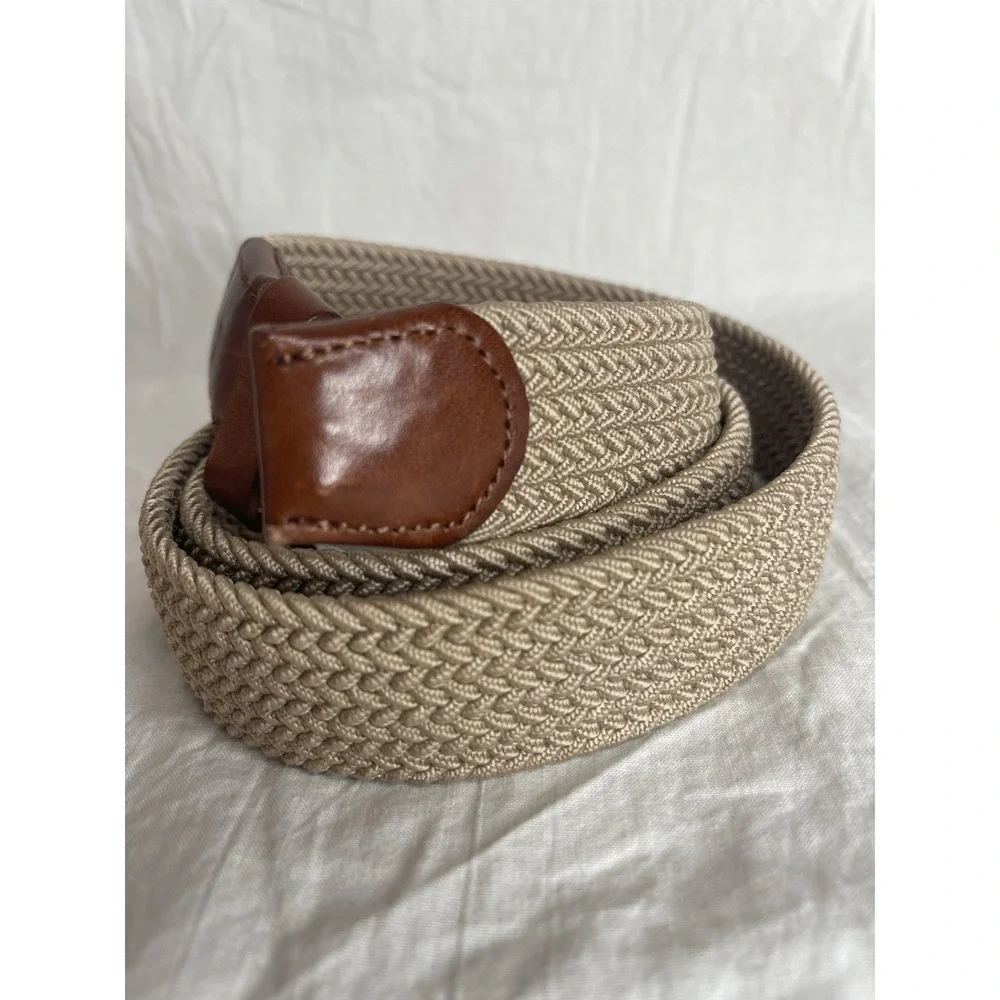 Tommy Bahama Two-Tone Stretch Webbed Belt Size: S/M Khaki 100% Leather Trim